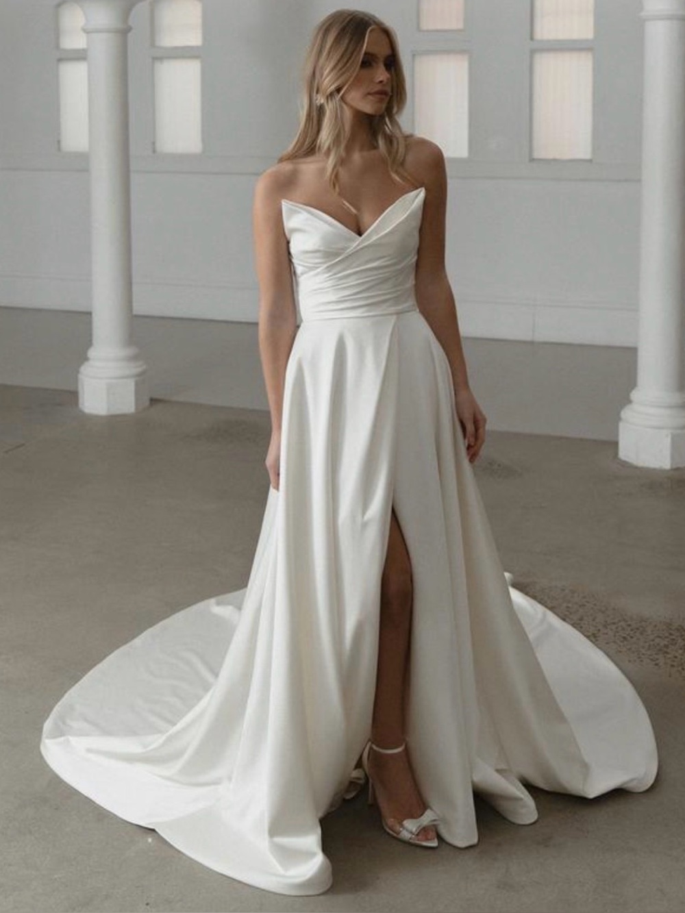 Strapless Satin Ivory A-Line with Front Slit - Madi Lane “ Spencer “